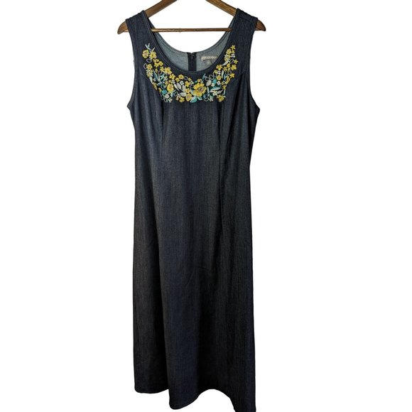 Jessica London Denim Modest Sleeveless Jumper Dress Embroidered Flowers sz 18W - Picture 1 of 6